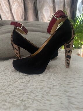 Nine West Black Suede Pumps with Leopard Heel and Red Ankle Strap